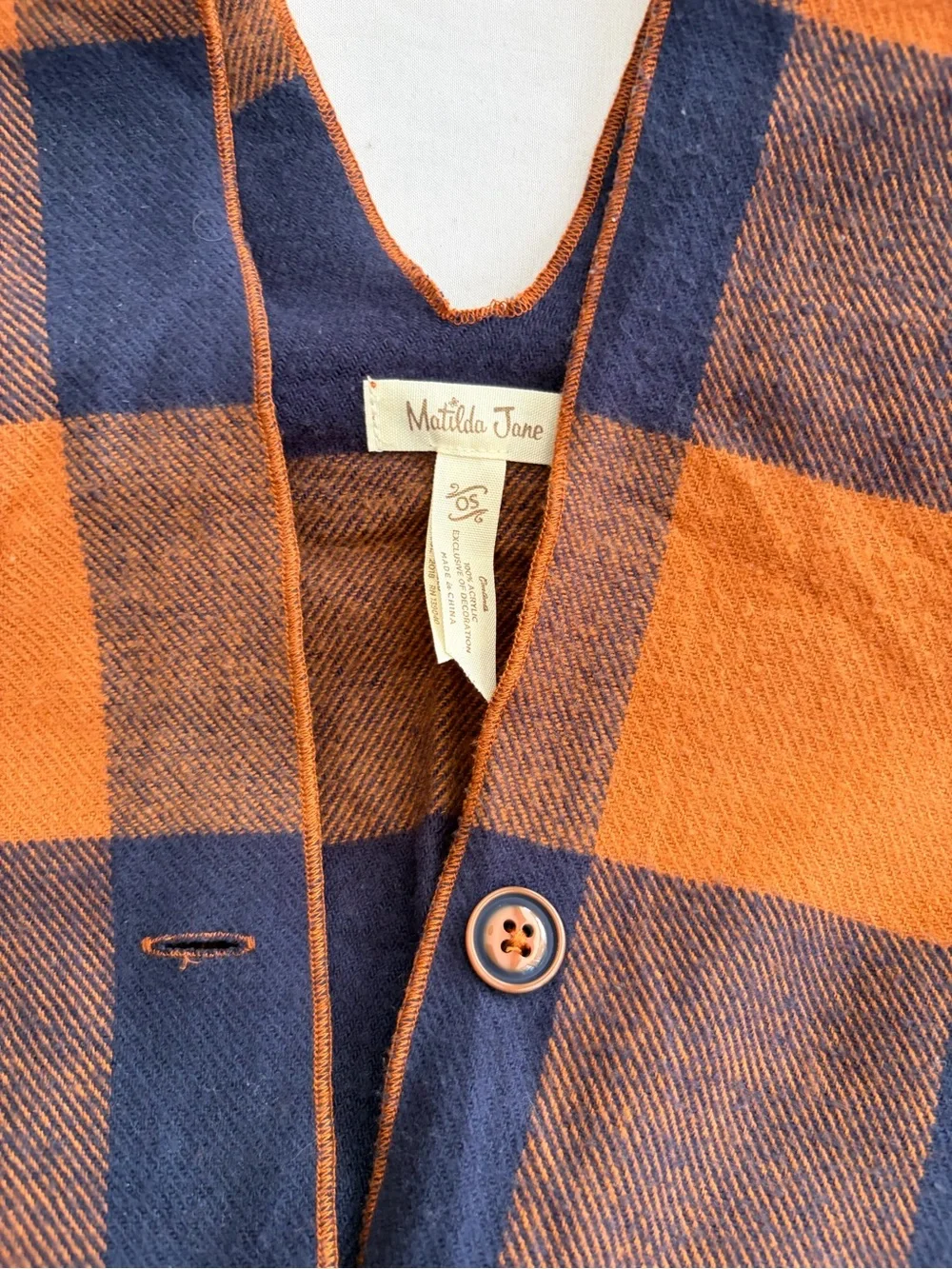 Matilda Jane Warm Sunset Poncho One Size Navy Orange Buffalo Plaid Fringe